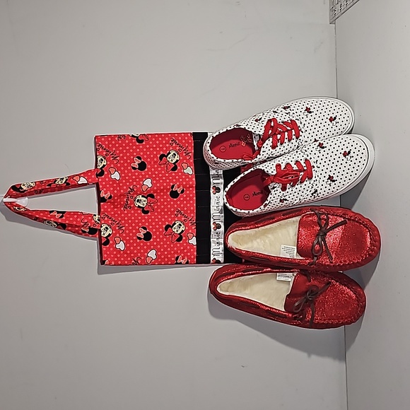 Minnie Mouse Lovers Lot polka dot sneakers size 7, bag& red glitter slippers EUC - Picture 2 of 16
